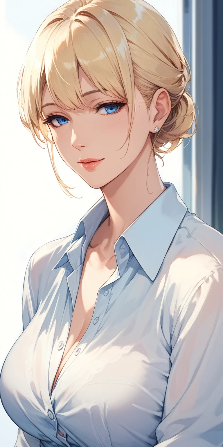 score_9, score_8_up, score_7_up, blonde, chignon hair, blue eyes, perfect eyes, anime lady, elegant mature woman, cool facial expression, highlighting sharp gaze, office shirt, soft light