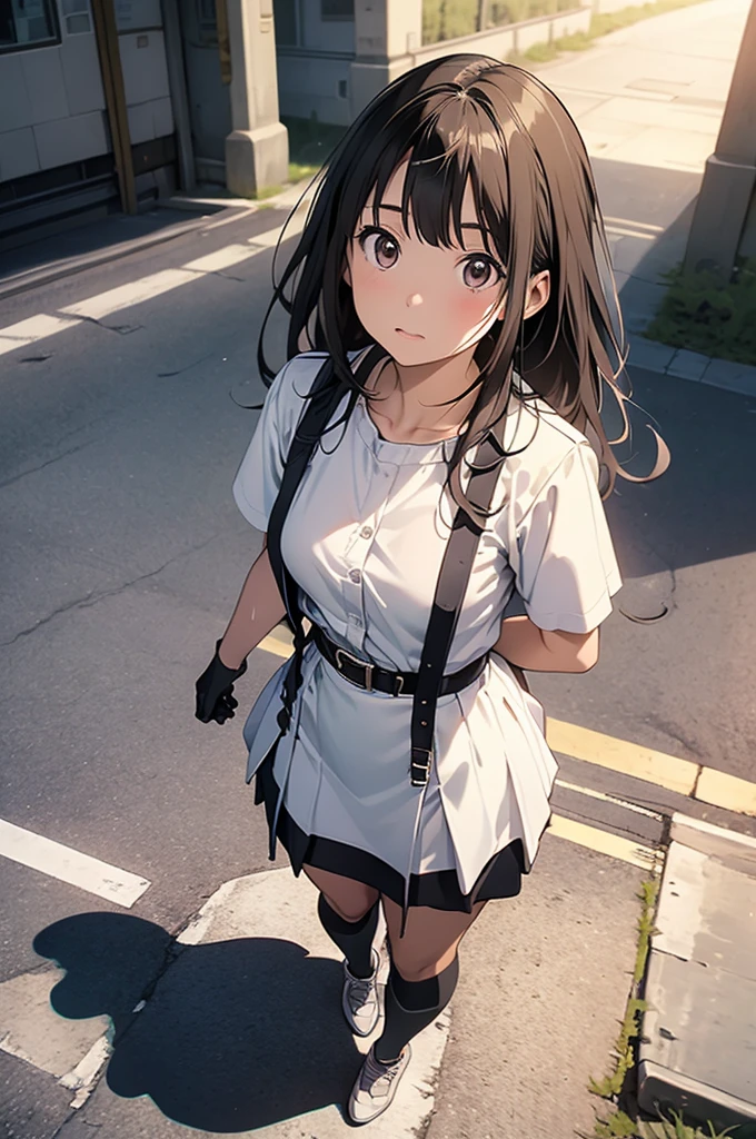 (masterpiece), best quality, expressive eyes, highres, perfect eyes, perfect face, perfect hands, 1girl, genie, zodiac, shirt over 1 shoulder, Brown bikini, long sleeves, necklace, long Brown Hair, city background, headband, Brown eyes, Brown skirt, small bust, rings, bracelets, charismatic, crazy face, crazy eyes, crazy smile, perfect anatomy, half body, l1girl, solo, brown shirt, gold letters, graphic t-shirt, bracelets, rings, necklace, jewelry, arm sleeves, fingerless gloves, manipulative, gaslighting, friendly, bound, bondage, (arms behind back:1.4), bdsm, tape gag, tape bondage, bondage, taped wrists, taped breasts, taped mouth, standing up,