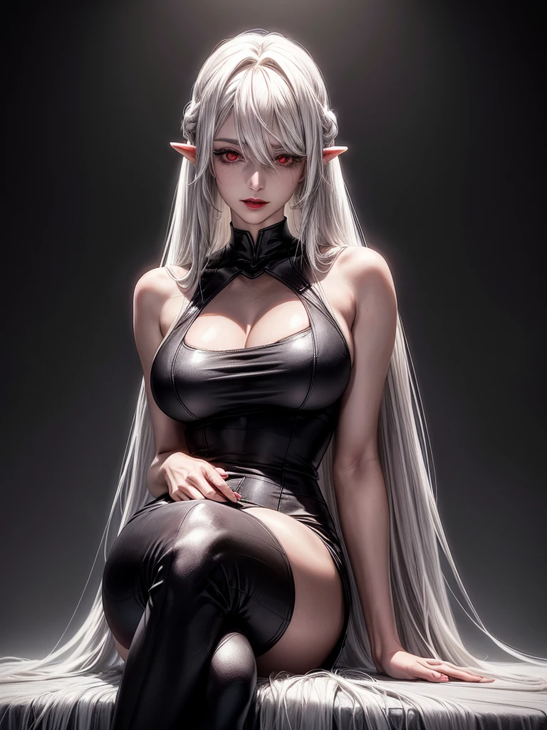 young beautiful girl with white long hair, with two onyx black horns on the head that extend slightly above the forehead and are long and thin in shape and stick out forward , has black eyes, lips are painted with purple, not bright lipstick, Dressed in a black dress, she sits cross-legged in the middle of a white room, average breast size, a milf, smiles maliciously, clothing is closed and there are no exposed parts of the body,