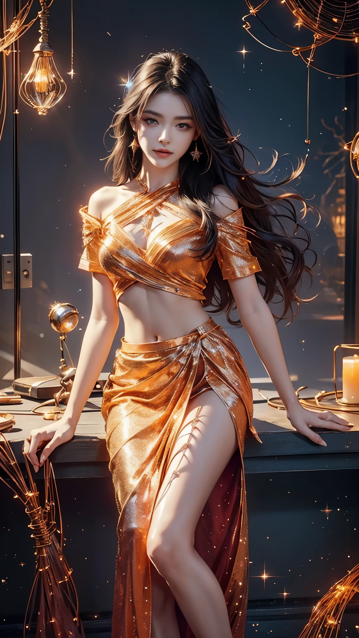 Young princess dreaming of nebula and galaxies, shooting stars, vibrant colors, night time sky background 8k resolution concept art by Greg Rutkowski dynamic lighting hyperdetailed intricately detailed Splash art trending on Artstation triadic colors Unreal Engine 5 volumetric lighting Alphonse Mucha WLOP Jordan Grimmer orange and teal