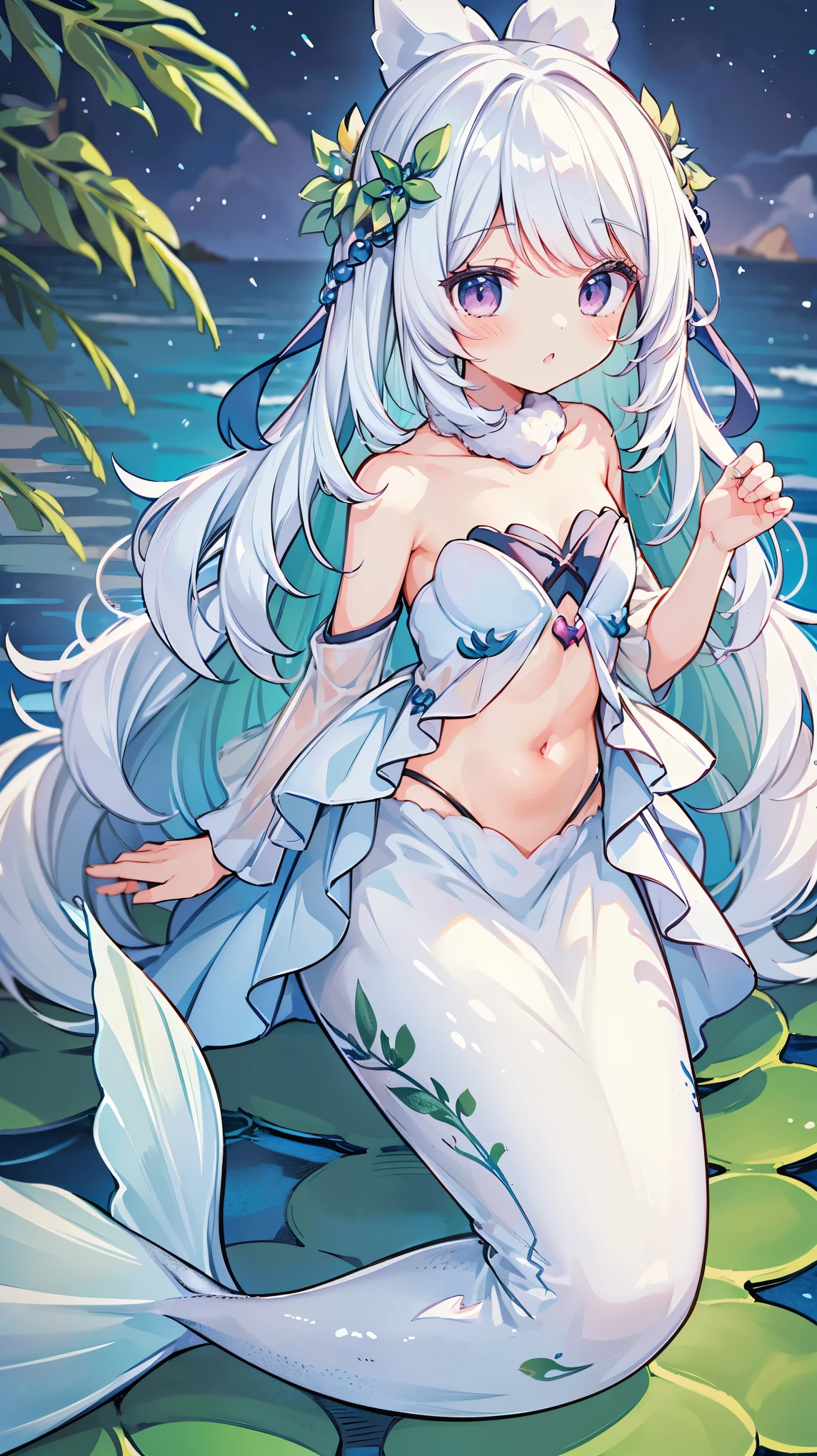 (masterpiece,  are of the best quality),(Full fingers),A girl,Mermaid,White hair,白色的Mermaid尾巴,Full body photo,Pose ,View sea view,charming face(Kawaii, charming,Soft)