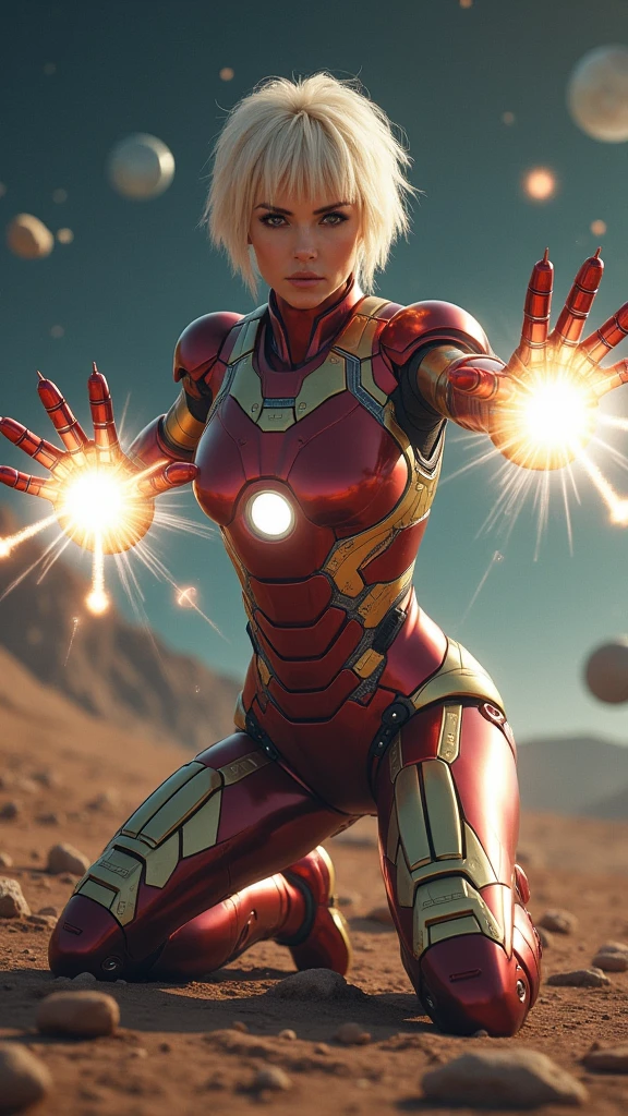 front view. full body. Hot provocative voluptuous female ironman, she has short punk hair, wearing ironman golden silver and red suit. kneeling in an attack position. She is shooting energy balls with her hands in an strange planet. planets and stars behind her. epic