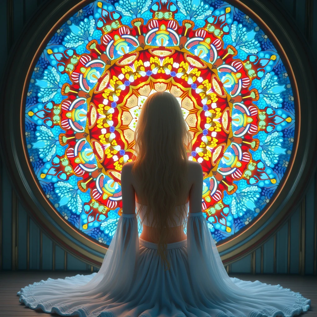 (masterpiece, best quality), 8k,(((Very detailed))), Race:1.8,Super intricate Race pattern,colorful Race pattern,Stained glass background transparent body, mandala,Light Up,cold, 1 female,Open back,(curls,bionde),(front Photo:1.5)