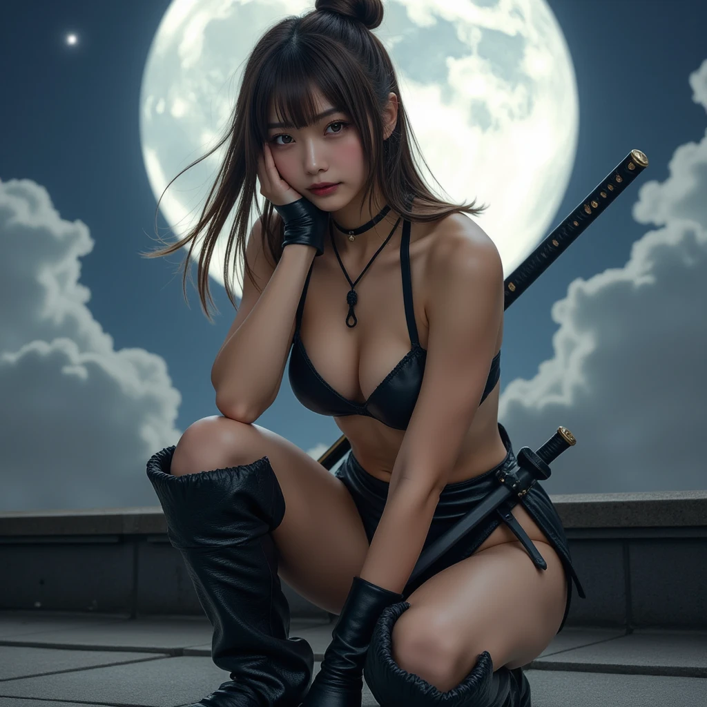 beautiful japanese woman with big breasts in a revealing short ninja costume, night, big moon, moonlight, strong wind, raindrops, nunchaku in hands, preparing to strike, fighting pose, confident look, kung fu