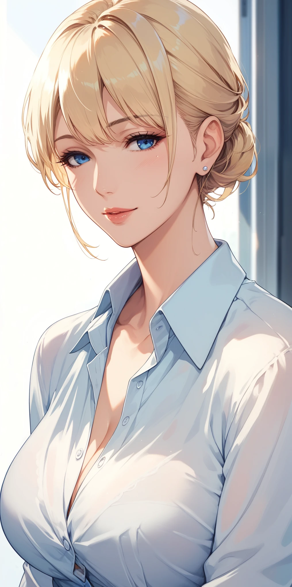score_9, score_8_up, score_7_up, blonde, chignon hair, blue eyes, perfect eyes, anime lady, elegant mature woman, cool facial expression, highlighting sharp gaze, office shirt, soft light