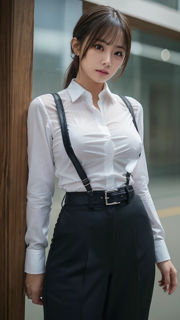 Woman in a suit, belt, Hands on back,  sweaty, suspenders,  black pants , Sexy, Large Breasts, see-through clothing, rain, Detective, Office Workers,  white button up shirt, (Best Quality,4K,8k, High Resolution ,masterpiece:1.2),Super detailed,(Realistic,photoRealistic,photo-Realistic:1.37),Hyper Details, Very detailed face and body , slender　thin　suspenders　Medium Breast　See-through shirt　Nipples　　Lock　pistol　Armament　Criminal　Female Criminal　knife 　 Hands on back　Constraints
