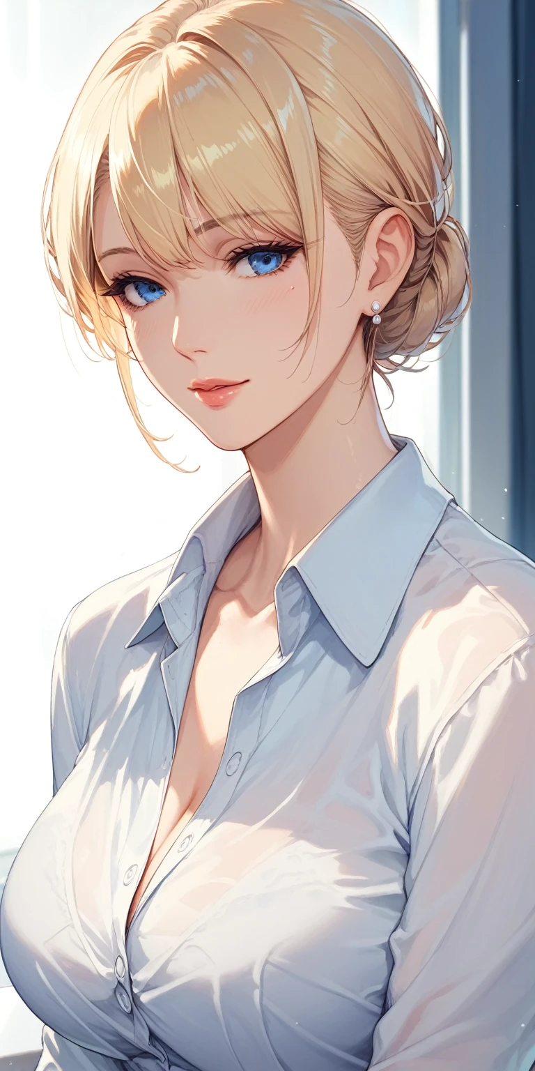 score_9, score_8_up, score_7_up, blonde, chignon hair, blue eyes, perfect eyes, anime lady, elegant mature woman, cool facial expression, highlighting sharp gaze, office shirt, soft light