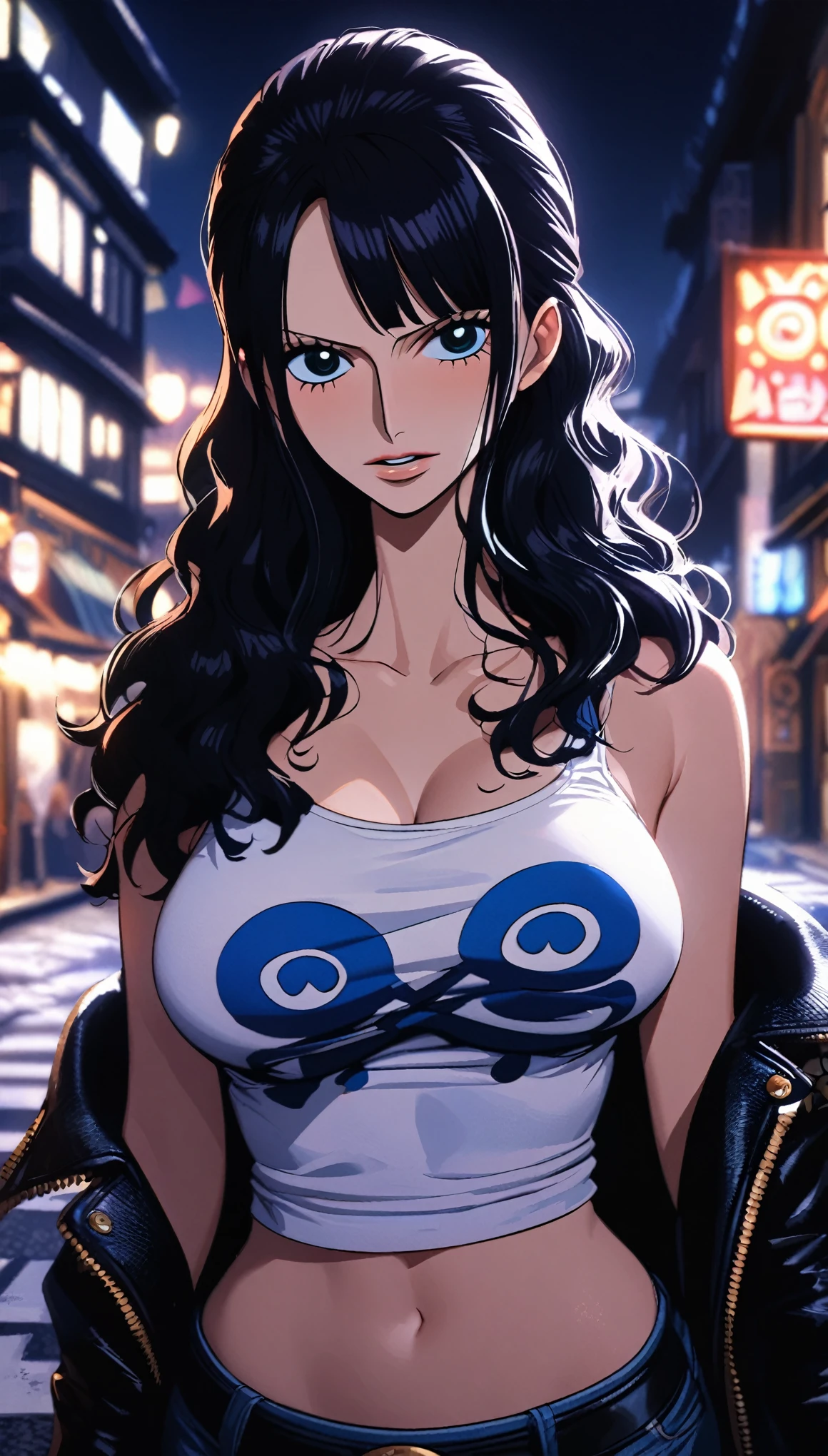 masterpiece, best quality, intricate details, 1 girl, woman, black hair, nico robin \ (one piece\), tank top with crop top leather jacket, pleated skirt, female focus, large breast, looking at viewer, ((front view)) ((close up shot)) ((solo)) detailed, very high resolution, no blurry image, cowboy shot, blue eyes, sligh wavy hair, ((nico robin from one piece)) ((female nico robin from one piece)), outdoors, street, night