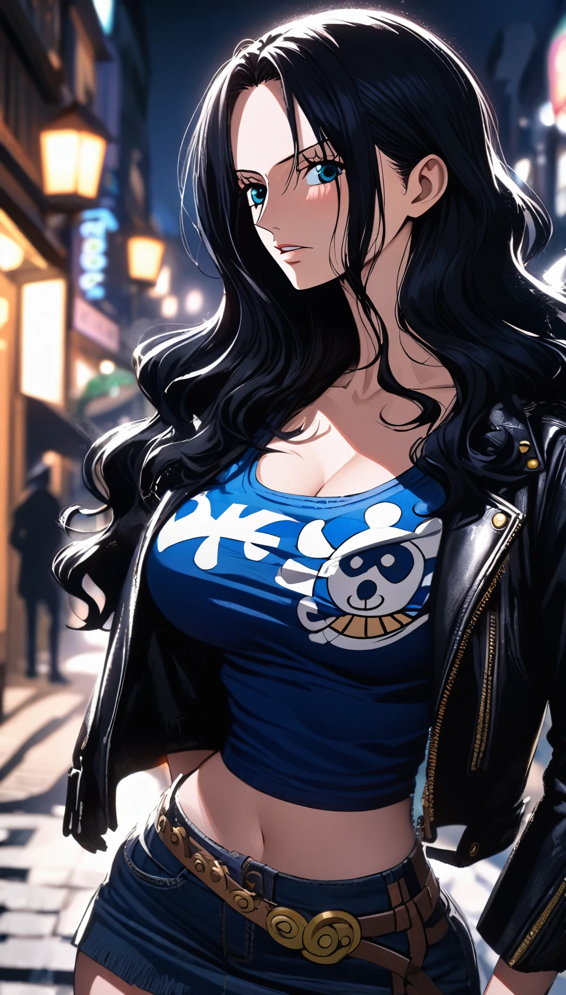 masterpiece, best quality, intricate details, 1 girl, woman, black hair, nico robin \ (one piece\), tank top with crop top leather jacket, pleated skirt, female focus, large breast, looking at viewer, ((front view)) ((close up shot)) ((solo)) detailed, very high resolution, no blurry image, cowboy shot, blue eyes, sligh wavy hair, ((nico robin from one piece)) ((female nico robin from one piece)), outdoors, street, night