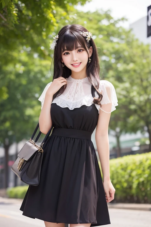 8k,Japanese,10 years old,young face,innocent face,teenage girl,cute,Spring-like clothes,Spring weather,everyday wear,Are standing,black hair,flower garden,Decolletage