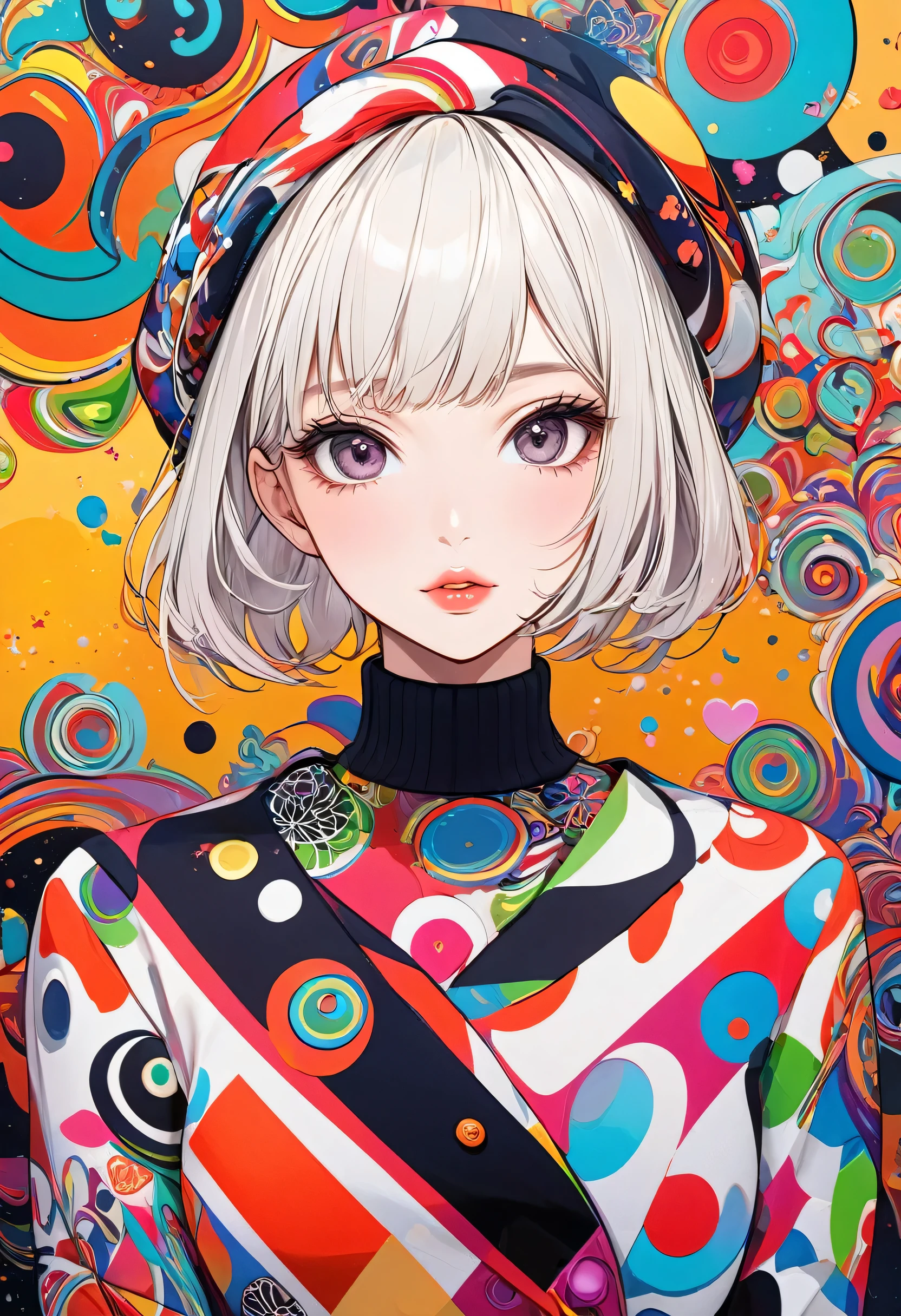 Ultra-realism 草間彌生 colorful style, Simple Line Initialism,Abstract art,(((The most beautiful girl of all time))), Sweet face. Lips in love, stylish design, Dark Eyes, (((Holiday Room))), (((Cute amoeba)))