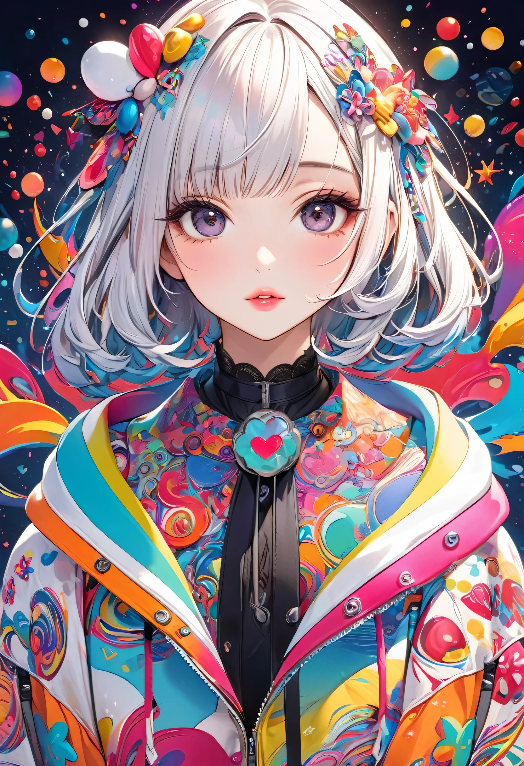 Ultra-realism 草間彌生 colorful style, Simple Line Initialism,Abstract art,(((The most beautiful girl of all time))), Sweet face. Lips in love, stylish design, Dark Eyes, (((Holiday Room))), (((Cute amoeba)))