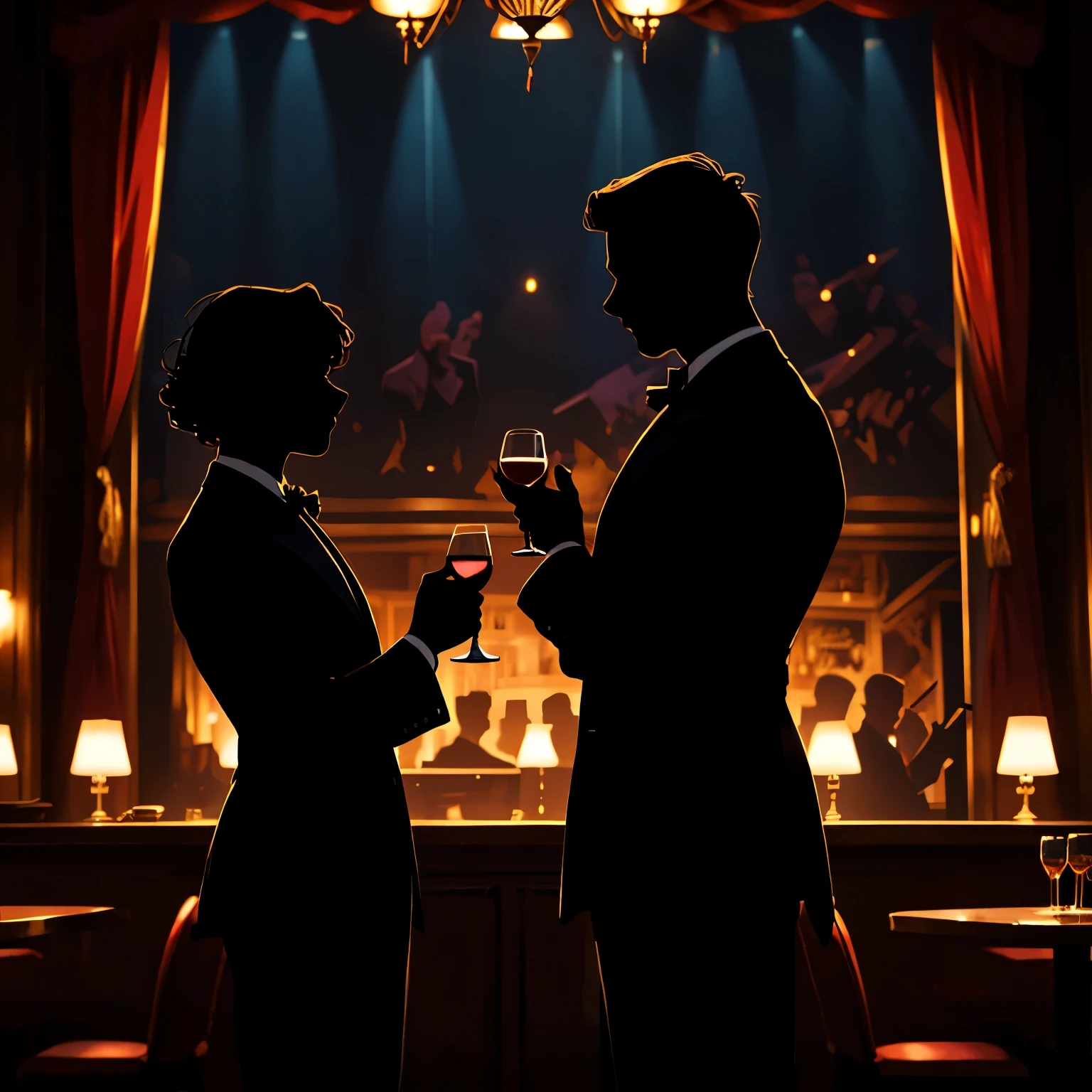 a sophisticated jazz bar, well-dressed gentlemen playing music on stage, dimly lit with a few tables for dining guests, the stage brightly lit and lively, (best quality,4k,8k,highres,masterpiece:1.2),ultra-detailed,(silhouette art:1.37),1930s style, elegant decor, rich textures, warm lighting, atmospheric, moody, cinematic,chiaroscuro lighting,intricate details,vibrant colors,dramatic shadows,refined gentleman,tailored suits,jazz musicians,playing instruments,stage performance,dining tables,glass of wine,jazz bar atmosphere