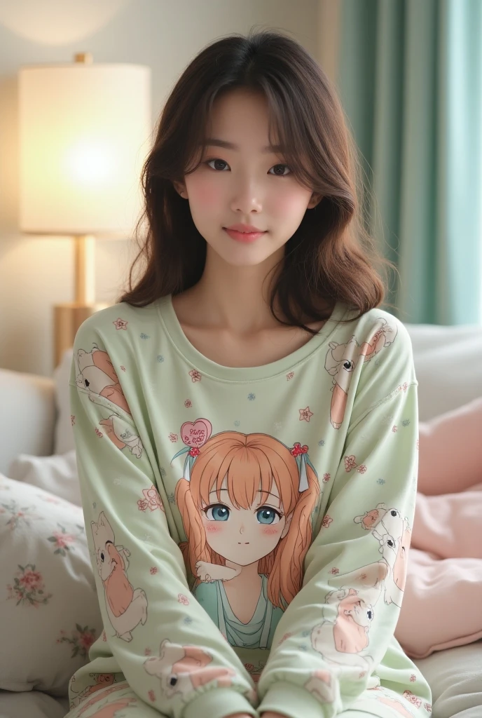 Create an image of a sweet, adorable woman with long black hair sitting on a bed. She should have a slightly chubby and cute appearance, resembling the style of the image provided. She is wearing a yellow nightgown with animated character motifs. Surround her with several pillows and plush toys that match the theme of her outfit. The woman is facing forward with a gentle and cute expression on her face, exuding a soft, charming demeanor. The background should feature a yellow wall that complements her outfit and the overall bed decor