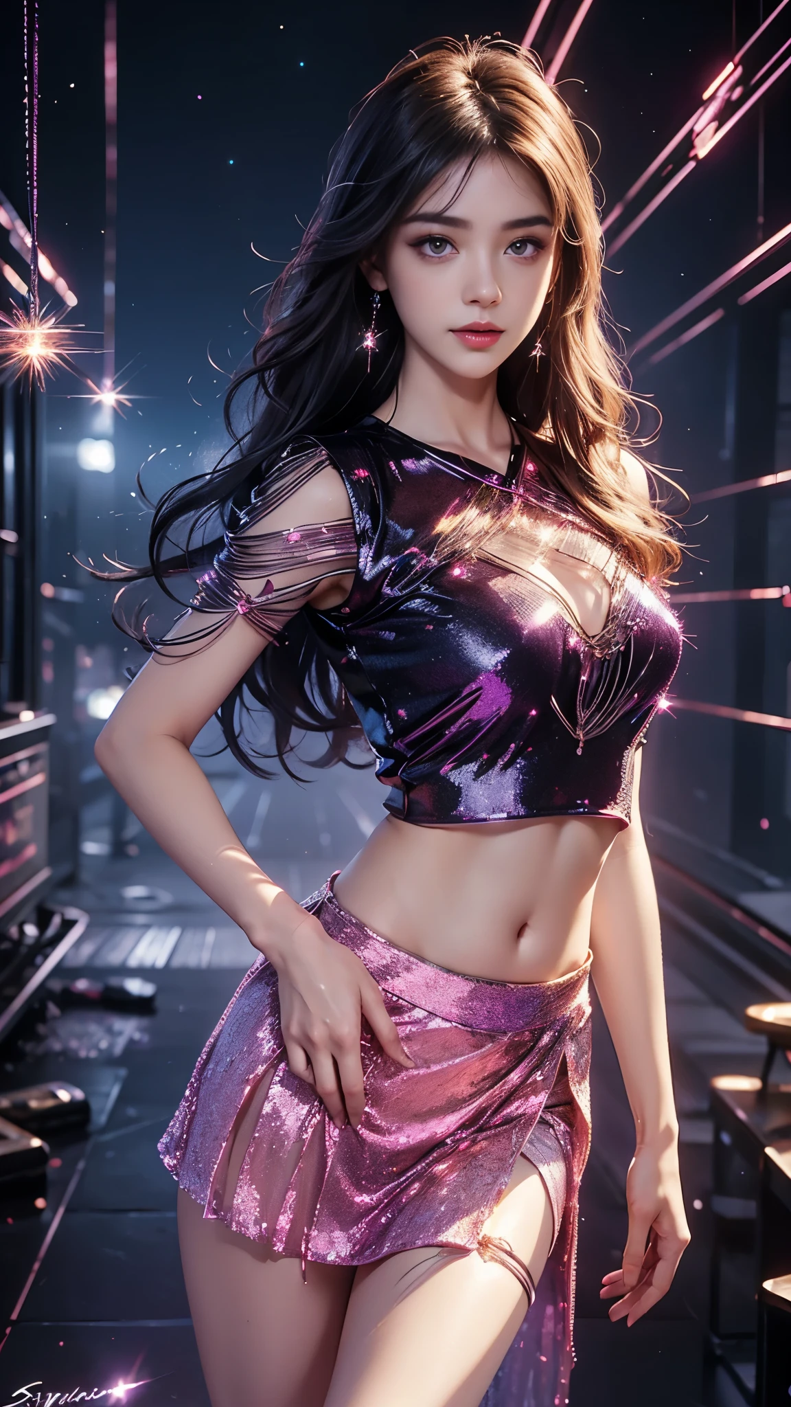 8K, UHD, MAsterpiece, 1 girl, good face, detailed eyes, detailed lips, ((very long hair)), small breasts, ((criss-cross strip t-shirt)), ((magenta strip t-shirt)), (((sparkle strip clothing))), ((mesh sparkle strip clothing)), ((strip clothing)), (((strip side split skirt))), ((sparkle wire around the hip:1.5)), ((strip:1.8)), ((criss-cross strip)), ((navel)), earrings, eyeshadow, jewelry, light particles, looking at viewer ,makeup, signature, solo, space, star (sky), starry sky, starry sky print, ((water)), ray tracing,