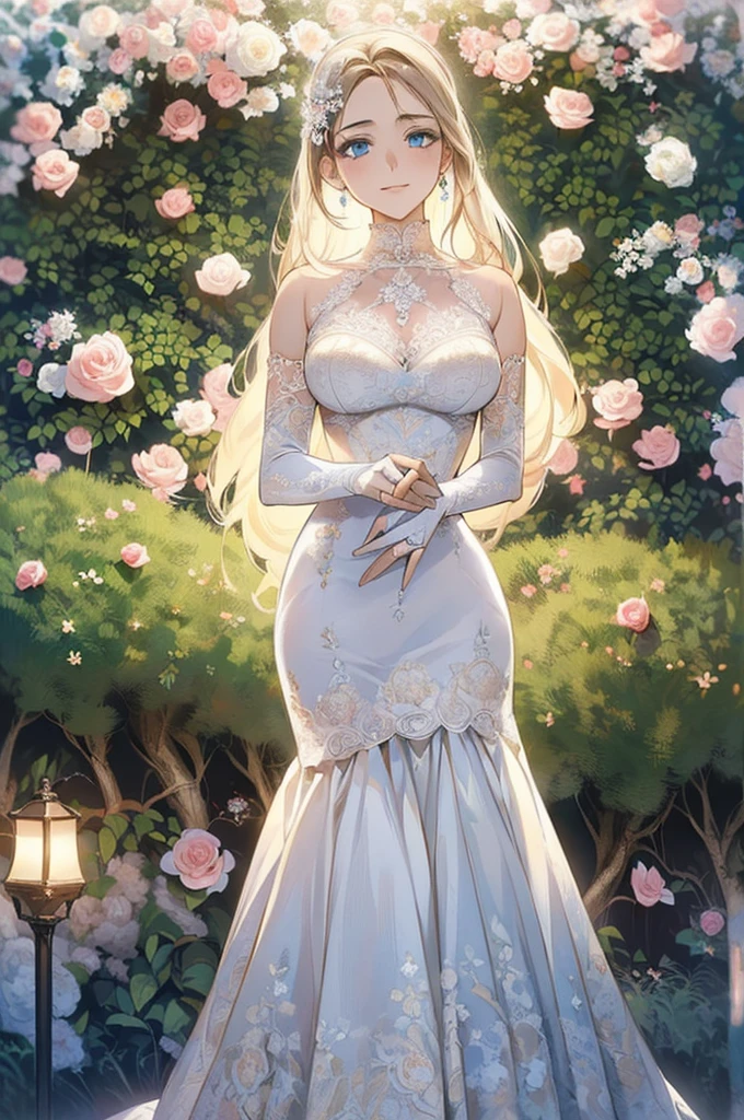 (masterpiece, Best Quality, beautiful、Midea:1.3), Gazing at the audience, One Girl, Alone, A light smile, (Compensate, Long Hair, Light beige hair, blue eyes:1.2),  Octane Rendering ,  Bridal Veil , lace trim dress, See-through,  wedding dress, Outdoor, White Rose, garden, morning, standing,  very detailed, Lace gloves, Delicate Lace 