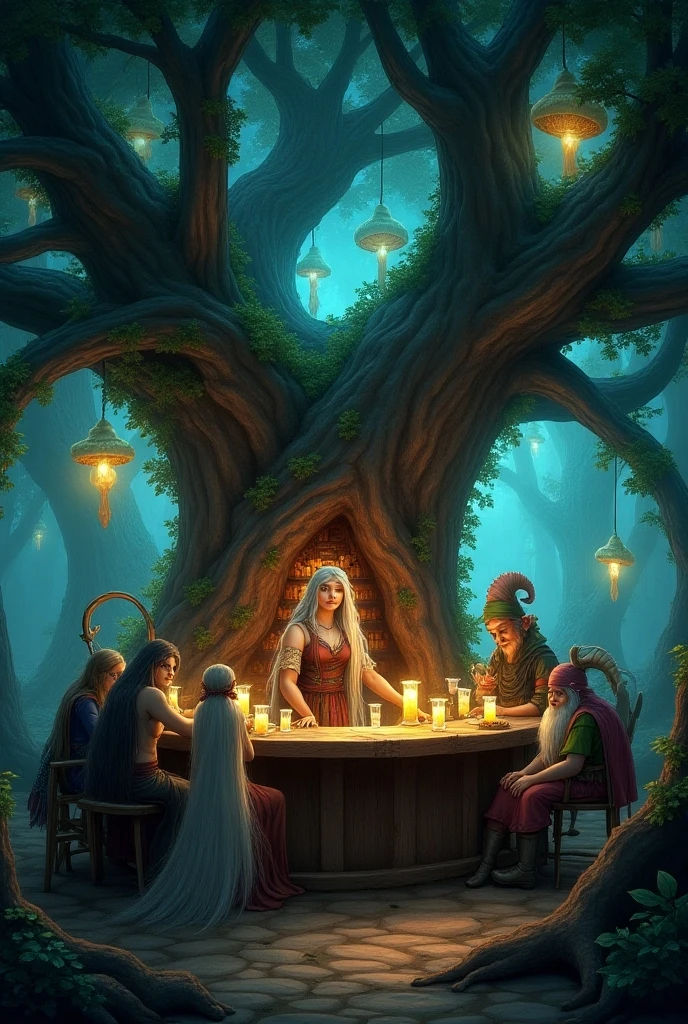 A magical fantasy tavern built inside a giant tree, with glowing mushrooms lighting the area. The bar counter is carved from tree bark, and the drinks glow in different colors. The bartender is an elf with long silver hair, and mythical creatures like fairies and dwarves are sitting around enjoying their drinks. The atmosphere is whimsical and enchanting.