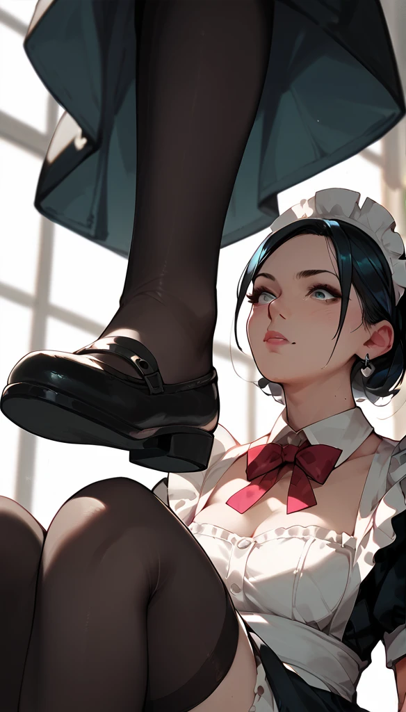 Anime Women, Maid, raised leg,  stockings, Stomping of feet on throat, looking down, head out of frame, throw