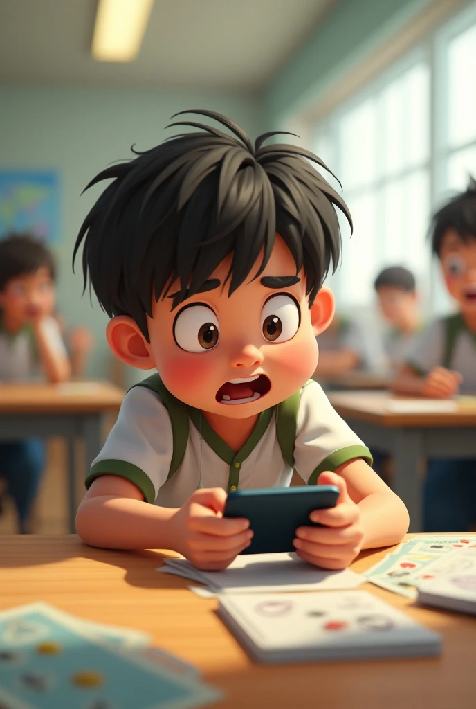 Image of an  boy playing on a phone in a classroom