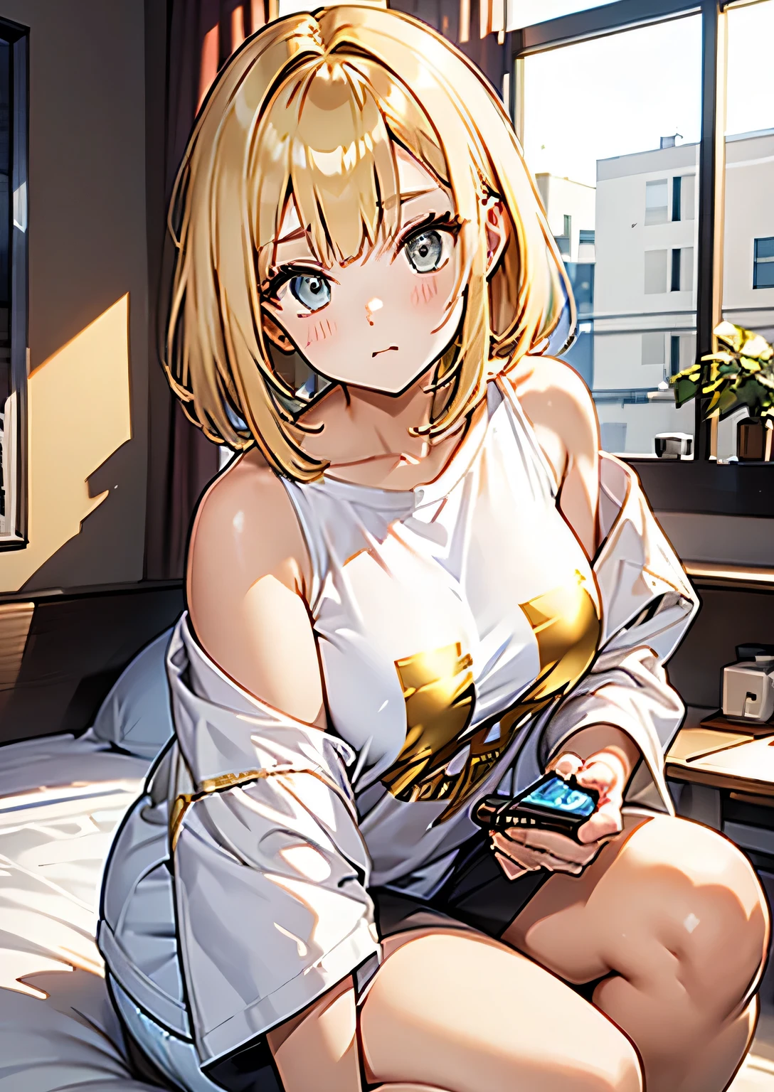 Hair color: Golden
Eye color: Gold
Outfit: Oversized white T-shirt
Style: One shoulder exposed
Posture: Crouching
Body type: Full-figured chest
Situation: Playing a handheld game