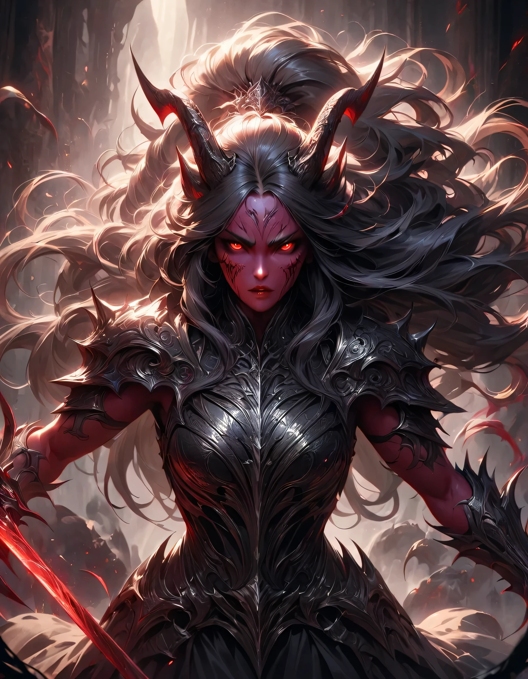 [Best quality, shaded, extreme details, very detailed, ultra detailed, complex, realistic], wolfwoman, red, villain action, 1girl, detailed face, detailed eyes, detailed lips, detailed eyebrows, long hair, horns, claws, glowing red eyes, demonic expression, red skin, body armor, wielding sword, dramatic lighting, dark fantasy, cinematic, moody, high contrast, muted colors, dramatic pose, action