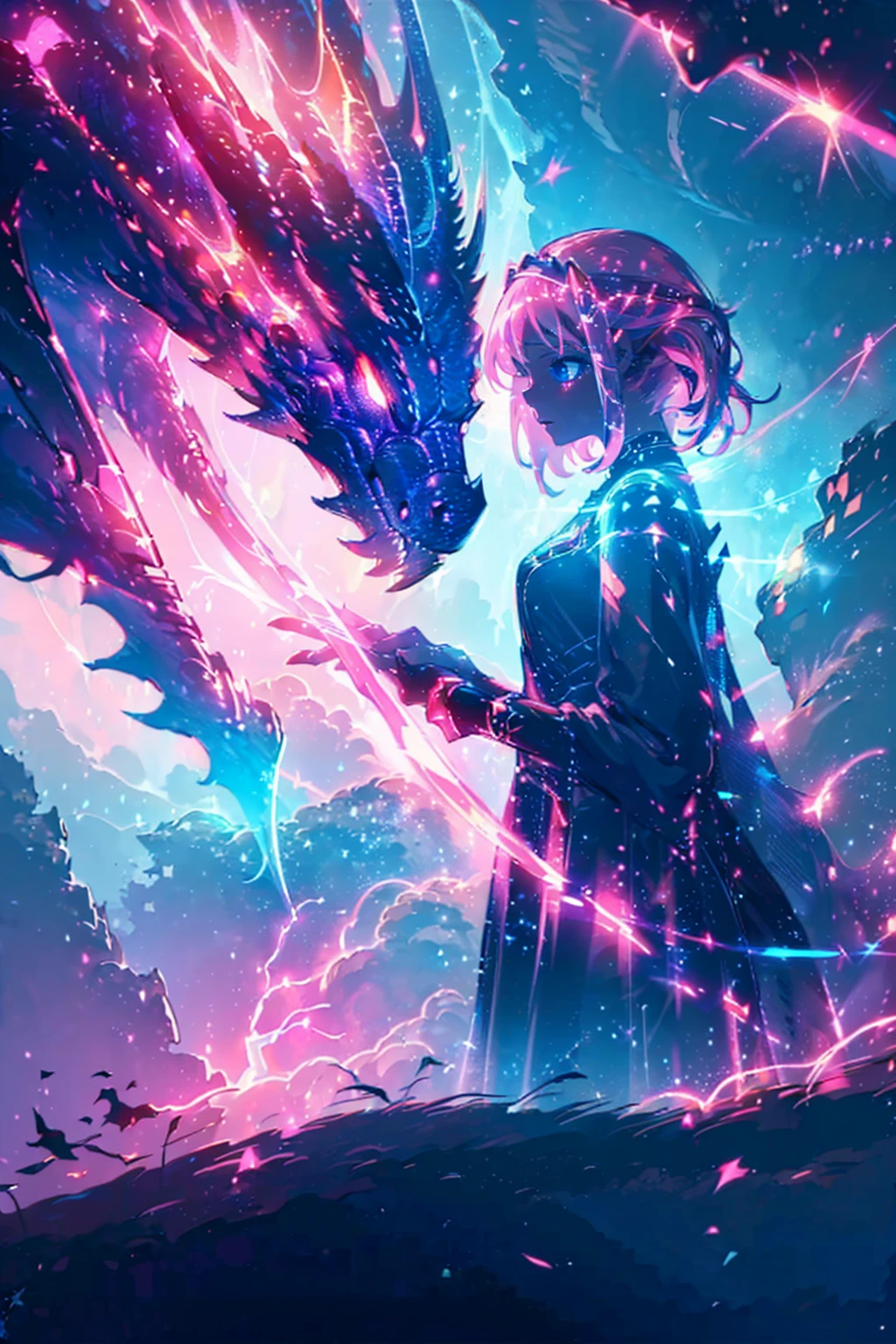 ((Best Quality)), ((masterpiece)), ((detailed)), ((High Definition)), 
1girl,solo,cool,(((pink short hair,blue eyes))),
The black silhouette of an anime-style magic swordsgirl,With a sparkle,With a magical aura,with celestial details,
cyber,cyber punk,neon,lightning sword,thunder effect,dark neon dragon her background,black dragon,