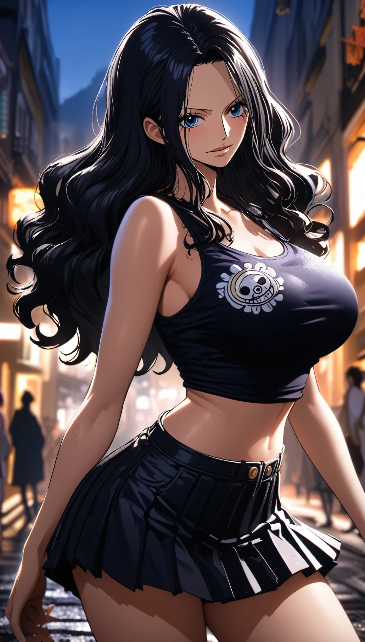 masterpiece, best quality, intricate details, 1 girl, woman, black hair, nico robin \ (one piece\), tank top, crop top jacket, pleated skirt, female focus, large breast, looking at viewer, ((side view)) ((close up shot)) ((solo)) detailed, very high resolution, no blurry image, cowboy shot, blue eyes, sligh wavy hair, ((nico robin from one piece)) ((female nico robin from one piece)), outdoors, street, night