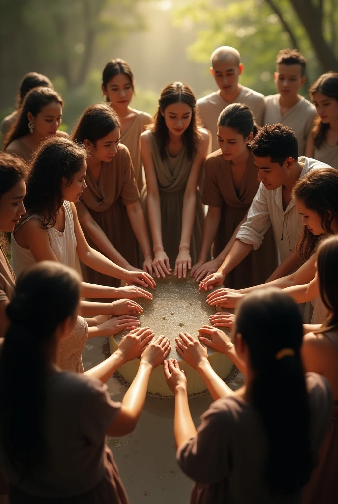 A group of participants sitting in a sacred circle, ready for the Ayahuasca ceremony,original,piercing, insightful eyes that reflect a lifetime of understanding the mind’s mysteries, and lengthy, silver hair that flows like a river down his back, complementing his earth-toned robes adorned with symbols of the natural world. His skin bears intricate tattoos, each a testament to a particular plant or psychedelic compound he has mastered.
