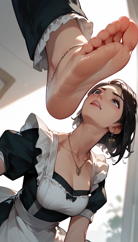 Anime Women, Maid, raised leg, Stomping of feet on throat, Stomping on neck, looking down, head out of frame, throw