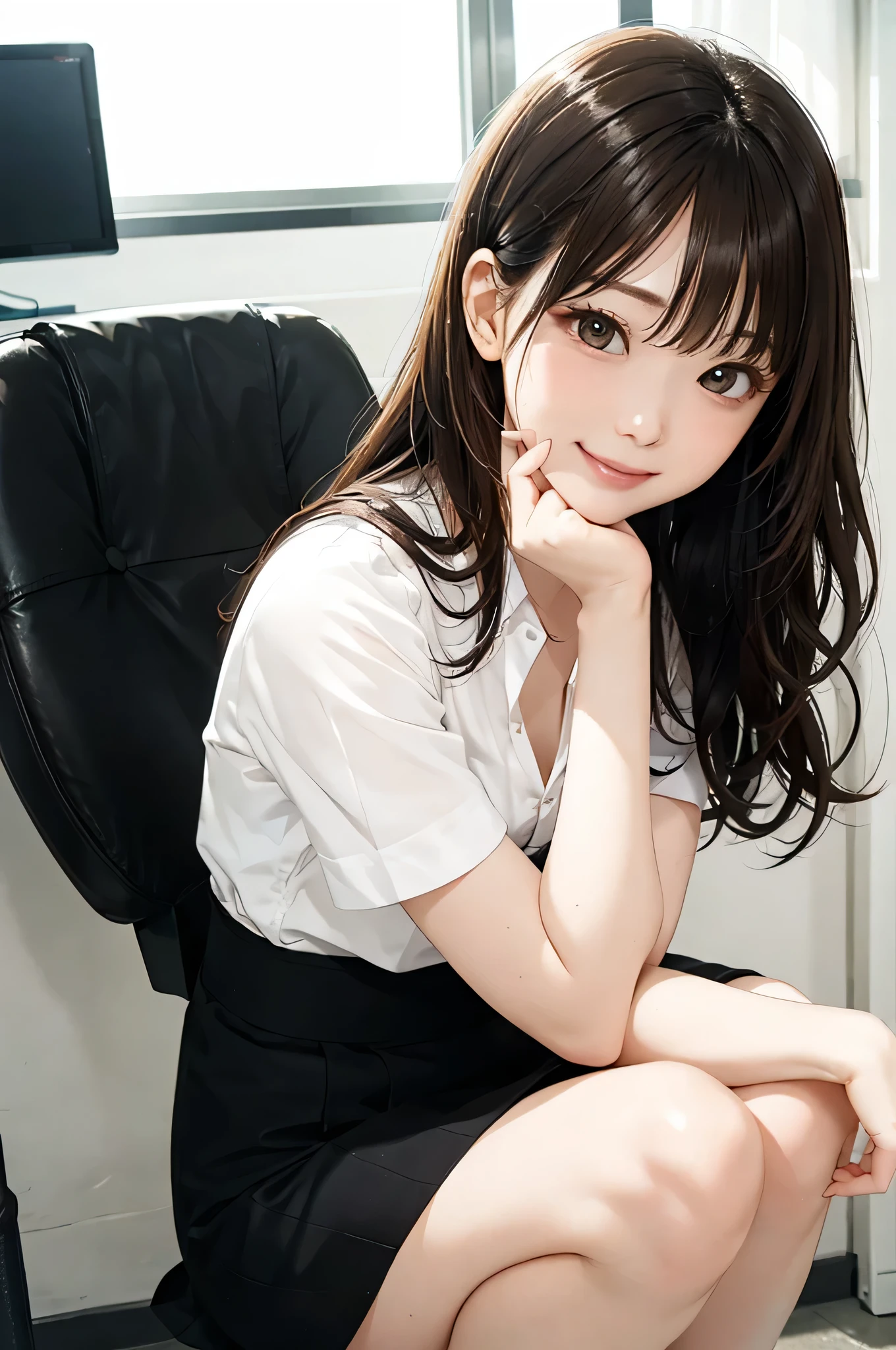 office、18-year-old female、White blouse、Thin necklace on chest、Tight skirt in pastel colors、High heels、A scene of a person sitting at a desk, shot from below and in full view、Legs spread wide、T-back is fully visible、Back view、Buckshot 、On all fourakes your face smaller:1.4)、Small head、Transparencyのある肌、((Best image quality))、 ((High resolution))、Beautiful Japanese woman、Has big brown eyes。Her eyes are sparkling.、Has a slightly moist sheen、Transparency