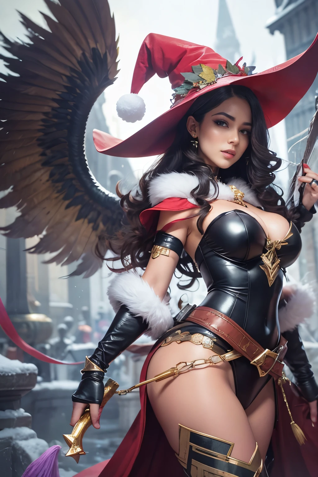 (masterpiece)  The snow-white figure D  &Fighter D ,  , вдохновленная Морганой из League of Legends ,  embodies the essence of Disney's villain in the form of a sorceress with a hat and whip,   depicting the dark Christmas supervillain  .