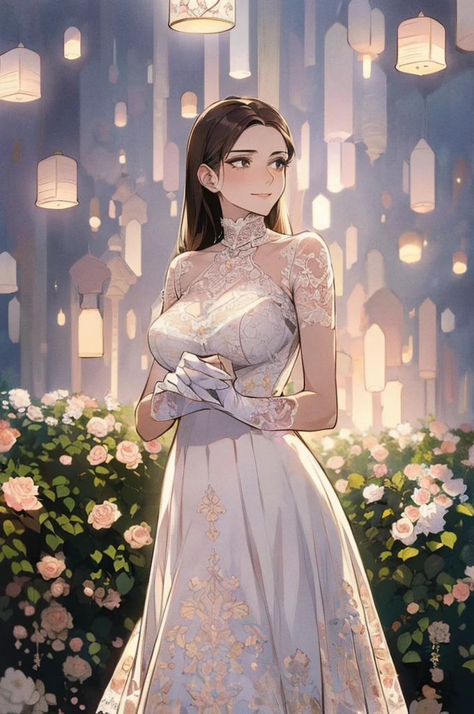 (masterpiece, Best Quality, beautiful、Midea:1.3), Gazing at the audience, One Girl, Alone, A light smile, (Long Hair, Light beige hair),  Octane Rendering , Lace neck top, Bridal Veil , lace trim dress, See-through,  wedding dress, Outdoor, White Rose, garden, morning, standing,  very detailed, Lace gloves, Delicate Lace ,Big Breasts