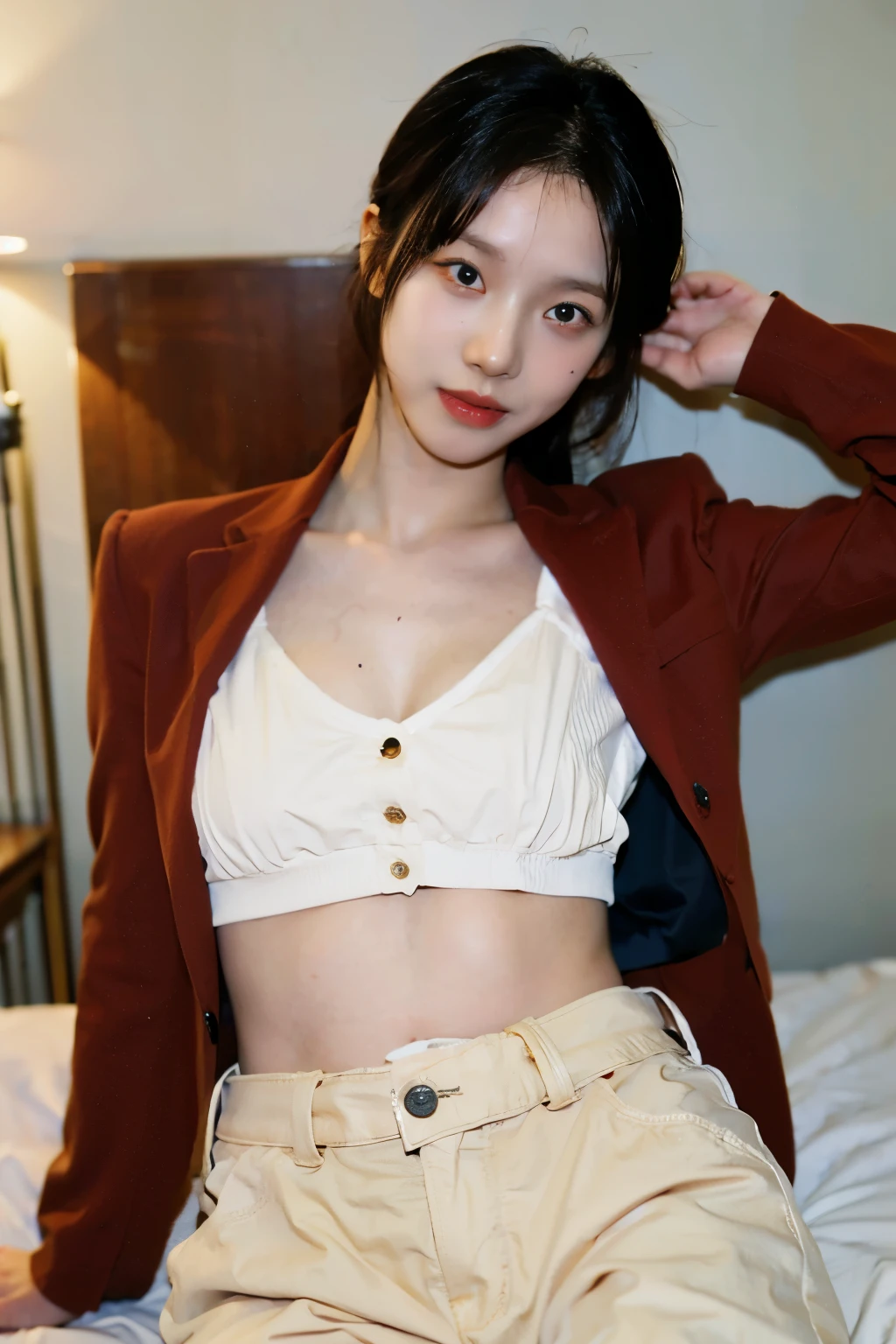 half nude, show half naked, vagina shaved show off, look at viewer, nsfw, Real photo of a Korean girl with fair skin and beauty lying on her back on a red bed , (Key Light:Front 45 degree angle, Subsidy light、Backlight、Shadow、Blue and orange color palette), Accurate human body, show off boobs, flash boobs, big breast, nipple detailed, , both arms straight up and both legs straight down,wearing a red short sports bra with g-string tong panties, sow off vagina , Realistic skin texture、Fine and beautiful skin、Glowing Skin、Glowing Skin)(Reflects light, wearing a sports jacket, small navel, look at cmaera, wearing a white belt on his pants , wearing a white flower headband, the area around the navel is wide, sexual facial expression looked at viewer, with raising both eyebrows and flushed cheeks and mouth saying "Ah", furrowing her brow