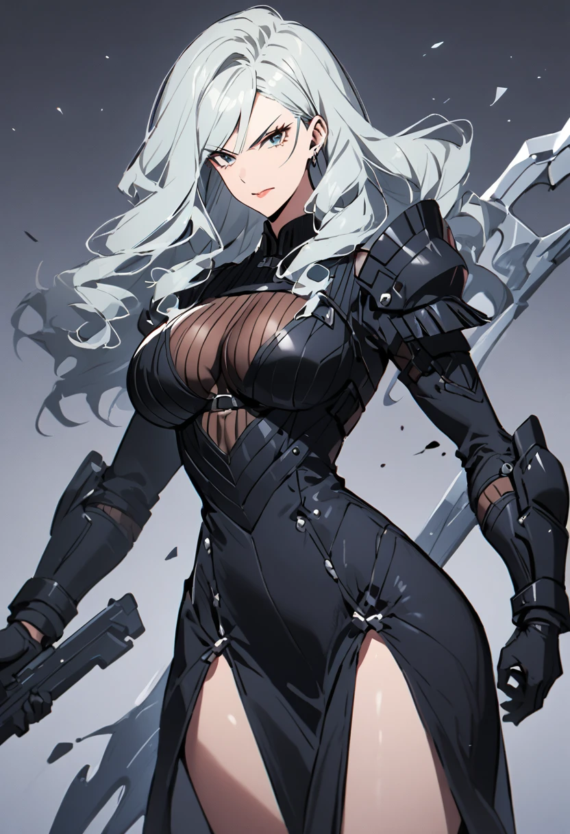 (best qualityer))), (((manga strokes))), woman black knight, (((black helmet))), metal panties, medieval albino girl, Barbed wire garter belt, breasts covered with a metallic chest protector shaped like bat wings, Curly white hair, chains wrapped around the arm, metal gloves, great sword, medieval castle, fitness body, blood, nude belly, coxas nuas (((manga style))), violent, Manic, slenderbody, thin but strong, perfectbody, armor black, ornate metal sleeves, (( cowboy shot )). Intricate look with a huge medieval castle