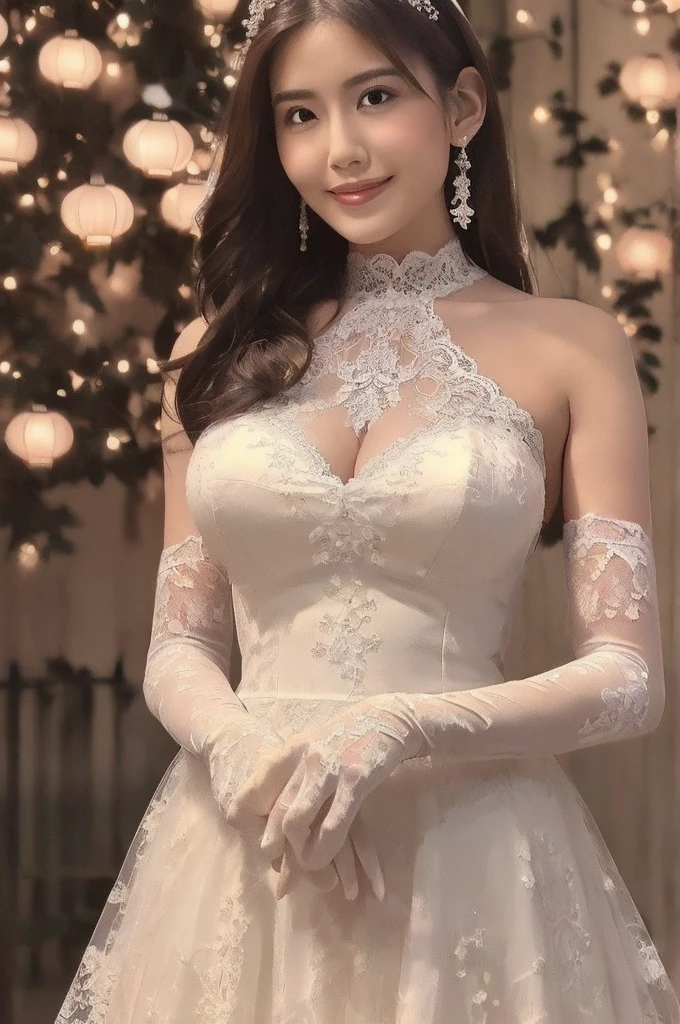 (masterpiece, Best Quality, beautiful、Midea:1.3), Gazing at the audience, One Girl, Alone, A light smile, (Long Hair, Light beige hair),  Octane Rendering , Lace neck top, Bridal Veil , lace trim dress, See-through,  wedding dress, Big Breasts,Outdoor, White Rose, garden, morning, standing,  very detailed, Lace gloves, Delicate Lace 