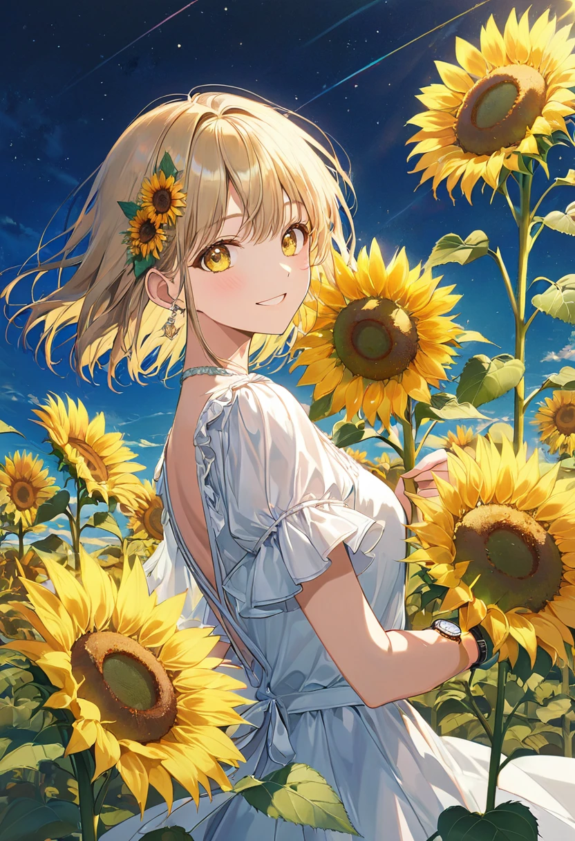  one woman smiling , sunflower hair ornament ,Blonde,Short Bob,Long back hair, braids from the side , holding sunflowers , holding sunflowers floating on her hands ,Neon yellow light ,Shine, background is a sunflower field masterpiece,Best Quality,Exquisite,8k, absurd,Ultra-detailed illustrations,(Watch the audience)