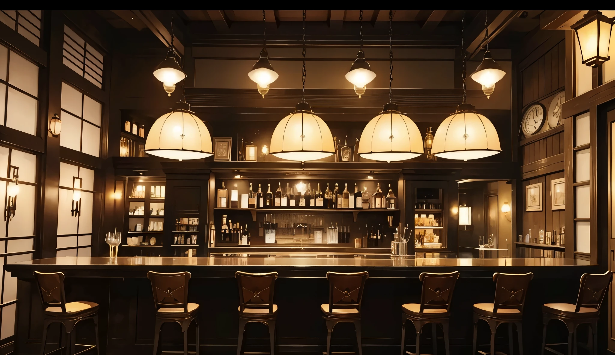  bar from around the 19th century、U.K.、(no human), the gas lamp is bright 々Illuminates 、counter、side view, sepia color 