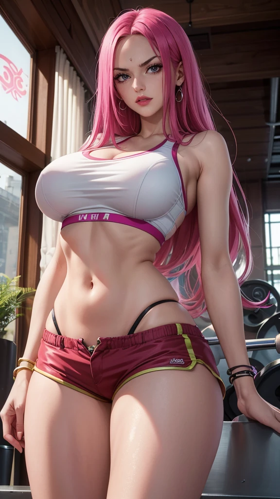 Gym, ((Maximum quality, 8k, masterpiece: 1,3)), She is at the gym, A detailed eye, ( looking forward ), look at the camera, ((Everything is shining, reflecting the light: 1,2)), (Best Proportion: 4 fingers, 1 thumb), (portrait), (((Jewelry Bonney de One Piece))), JewelryBonneyV2, 1 girl, alone, cute asian face, long hair, pink hair, ((skinny girl,  medium breasts , hyper detailed lips)),  red lips , (thighs, shorts esporte marrom,  white sports bra , Play Verde , purple eyes), belly button, abdomen,  complex and detailed bottom ,  gym full of devices, nervous, 