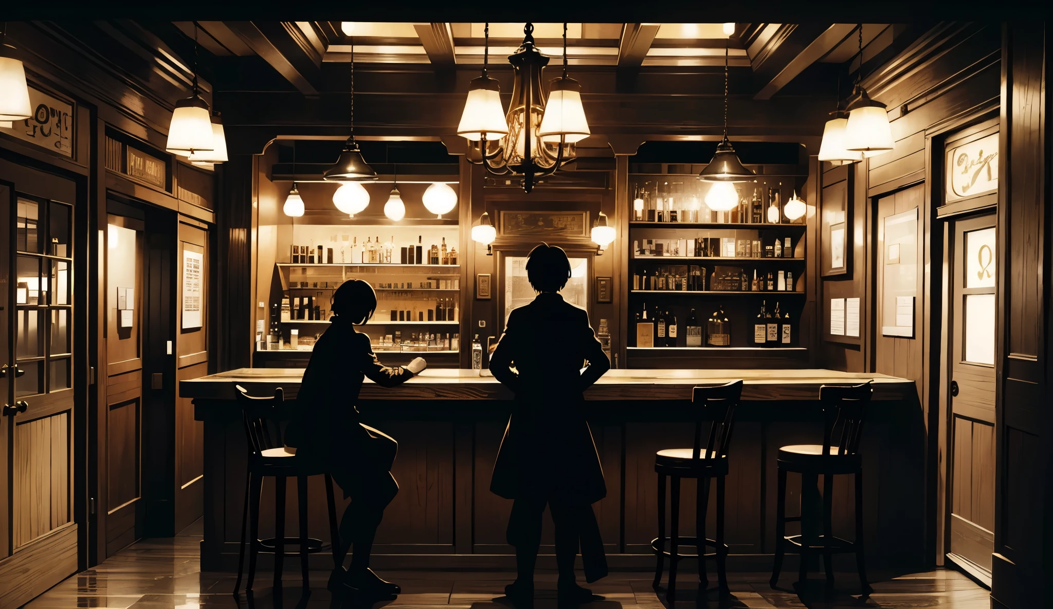  bar from around the 19th century、U.K.、(no human), the gas lamp is bright 々Illuminates 、counter、side view, sepia color 