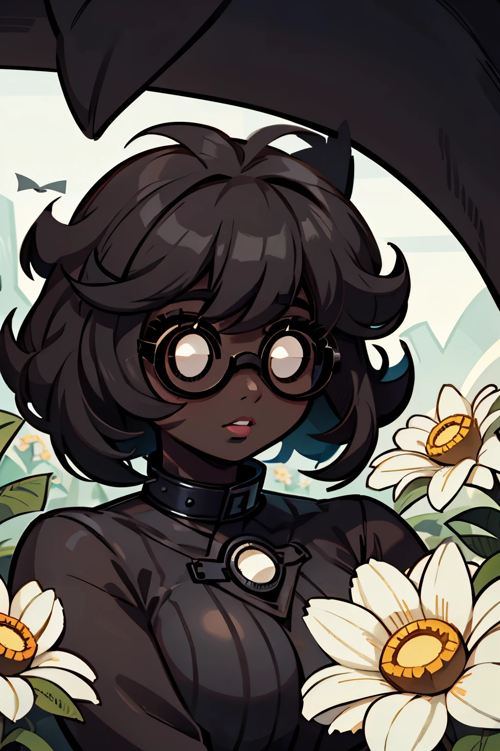 Solo, female, dark skin, curly hair, (((short hair))), Black spiky hair, wolf cut,  lipstick, eyeliner, eyelashes, thick eyelashes, dark skin glasses, mature female, chubby face, flowers in hair