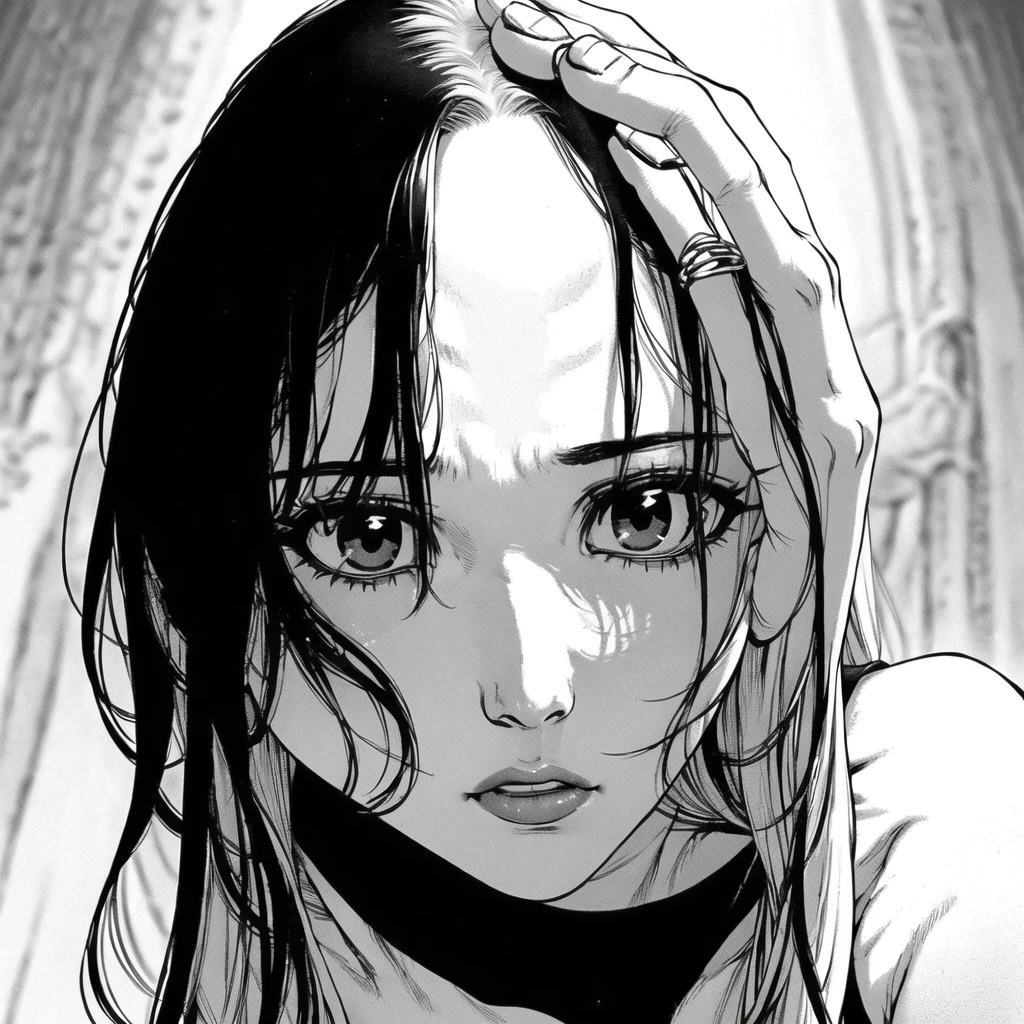 boichi manga style, (One Woman、Mature、24 years old)、((( Had、Show your forehead、Long Hair、White Hair)))、(Expressionless、Calm)、 monochrome grayscale, ((masterpiece)) 、(White Dress、 sleeveless)、Diagonally below、((Horror))、( hand close-up )