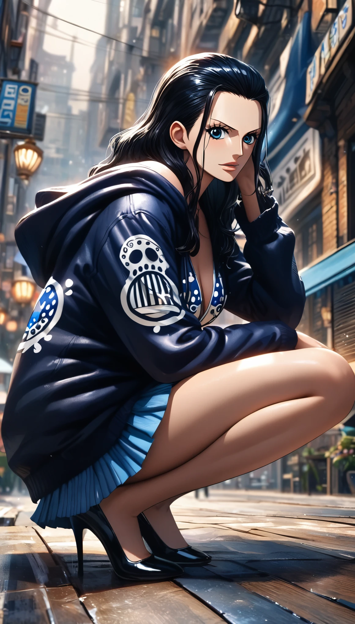 masterpiece, best quality, intricate details, 1 girl, woman, black hair, nico robin \ (one piece\), (long hair), eyewear on head, oversize hoodie, pleated skirt, female focus, indoors, city, looking at viewer, ((side view)) ((close up shot)) ((solo)) ((hair slicked back)) detailed, very high resolution, no blurry image, high heels, full body, thigh, squatting, slim legs, blue eyes, straight hair, ((nico robin from one piece)) ((female nico robin from one piece)), indoors, city 