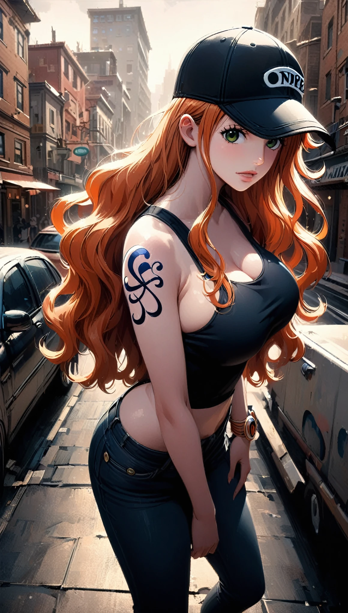 masterpiece, best quality), intricate details, 1 girl, woman, orange hair, nami \ (one piece\), (long hair), baseball cap, black t-shirt, open fur jacket, large breast, black jeans, female focus, indoors, city, looking at viewer, ((front view)) ((close up shot)) ((solo)) ((hair over one side of face)) detailed, very high resolution, no blurry image, full body, green eyes, sligh wavy hair, ((nami from one piece)) ((female nami from one piece)), indoors, city, street