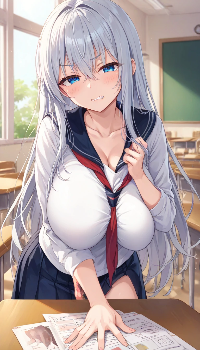 Gigantic Sagging breasts,cute,アニメ,pov,focus breasts,straight hair,blunt bangs,white hair,blue colored inner hair,skinny,turime,seifuku,nsfw,nipples,turime,excessive cum,bukkake,stand,aroused,cum on pussy,blue Streaked hair,purple eyes