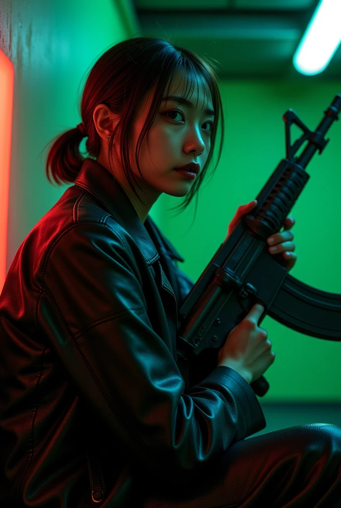  Japanese woman in leather costume, Detailed face and eyes, Staring at the ceiling, Sitting on the side with an assault rifle, Detailed green bioluminescence  {x},  volumetric lighting , Low ponytail hair, Isolated, Horror, Dim lighting,  detailed red bioluminescence  ,  Detailed green bioluminescence ,  detailed blue bioluminescence  , (Best Quality,4K, 8k,  High Resolution ,masterpiece:1.2), Super detailed, (Realistic, photoRealistic, photo-Realistic:1.37), Advanced Details,  cinematic , Complex, hyper-Realistic, 