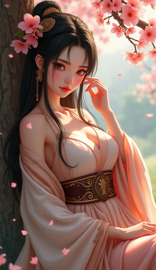 Prompt3: With a park filled with cherry blossoms in the background、A beautiful woman with beautiful features and long black hair、Dressed in traditional Japanese clothing、Smiling gracefully。Her big breasts and big eyes are impressive。