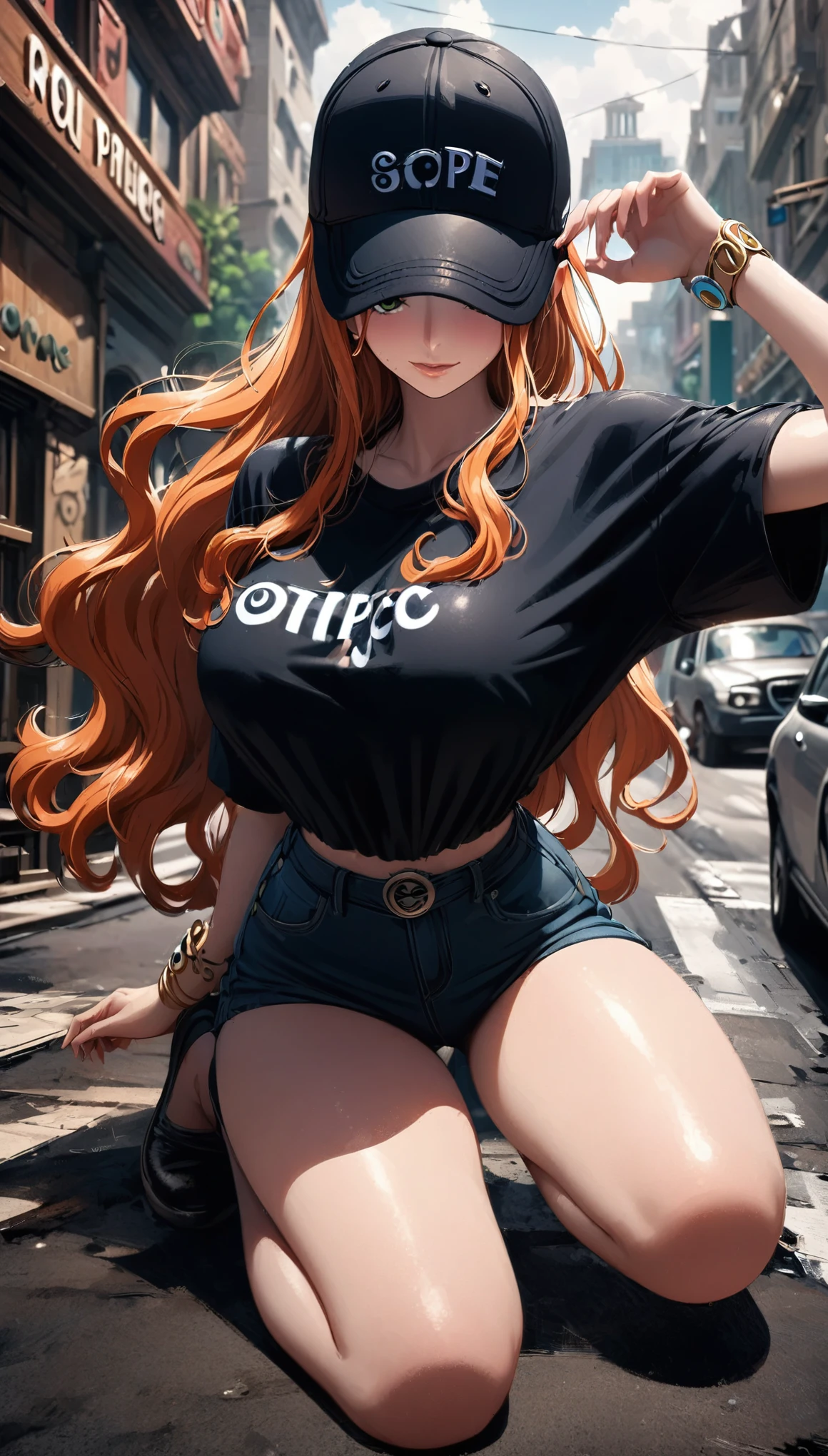 masterpiece, best quality), intricate details, 1 girl, woman, orange hair, nami \ (one piece\), (long hair), baseball cap, black t-shirt, open fur jacket, large breast, black jeans, female focus, indoors, city, looking at viewer, ((front view)) ((close up shot)) ((solo)) ((hair over one side of face)) detailed, very high resolution, no blurry image, full body, green eyes, sligh wavy hair, ((nami from one piece)) ((female nami from one piece)), indoors, city 