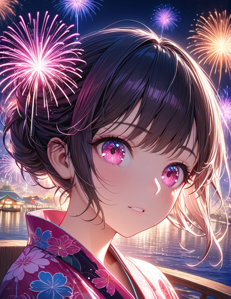 1girl, alone、A girl is watching the fireworks on a houseboat、Fantastic scenery、(looking away)、(firework), (festival) (Pink floral print kimono)、a fantastical world unfolds, bright and glittering, spectacular explosions, grand and mesmerizing, illuminating the darkness, vivid and vibrant colors, light displays, dazzling patterns, mesmerizing and fantastic, inverted image, high quality, (16K resolution), ((super detailed)) ((Artwork by)), ultra realistic, lights, dynamic lines, oc rendering