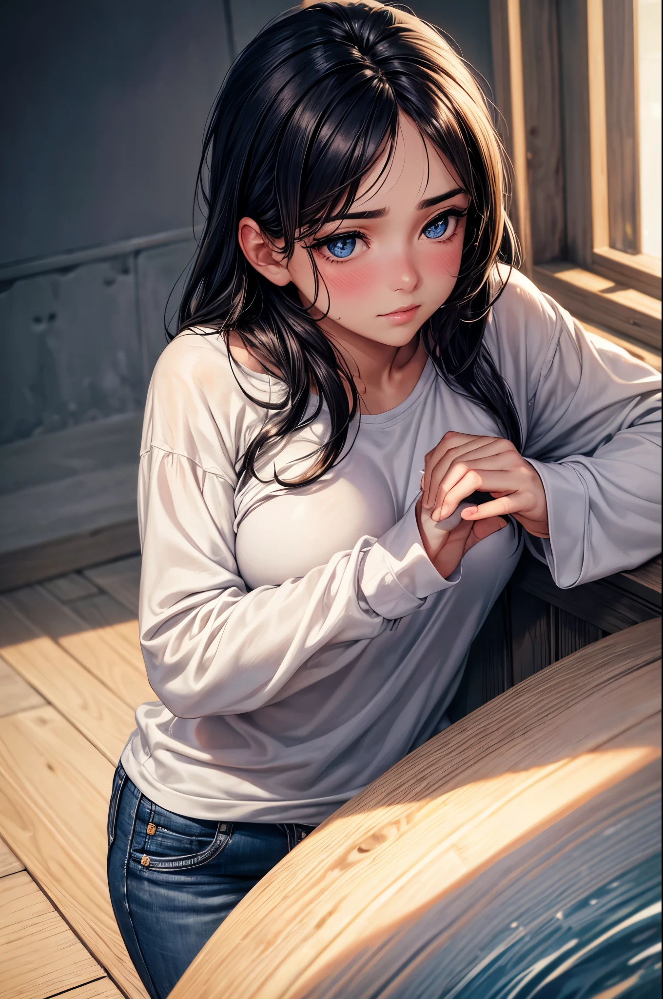 Masterpiece, Top quality, Ultra high definition, Maximum resolution, Very detailed, Professional lighting, Cowboy shot, Grab your own breasts, One girl, Little girl, Very cute, Sit on boy, Spread your legs, Raise your legs, Black hair, Semi-long hair, Hair ornament, Hairpin, shirt, wet clothes, sweat, Blue eyes, Blush, Crotch, One boy, Insert