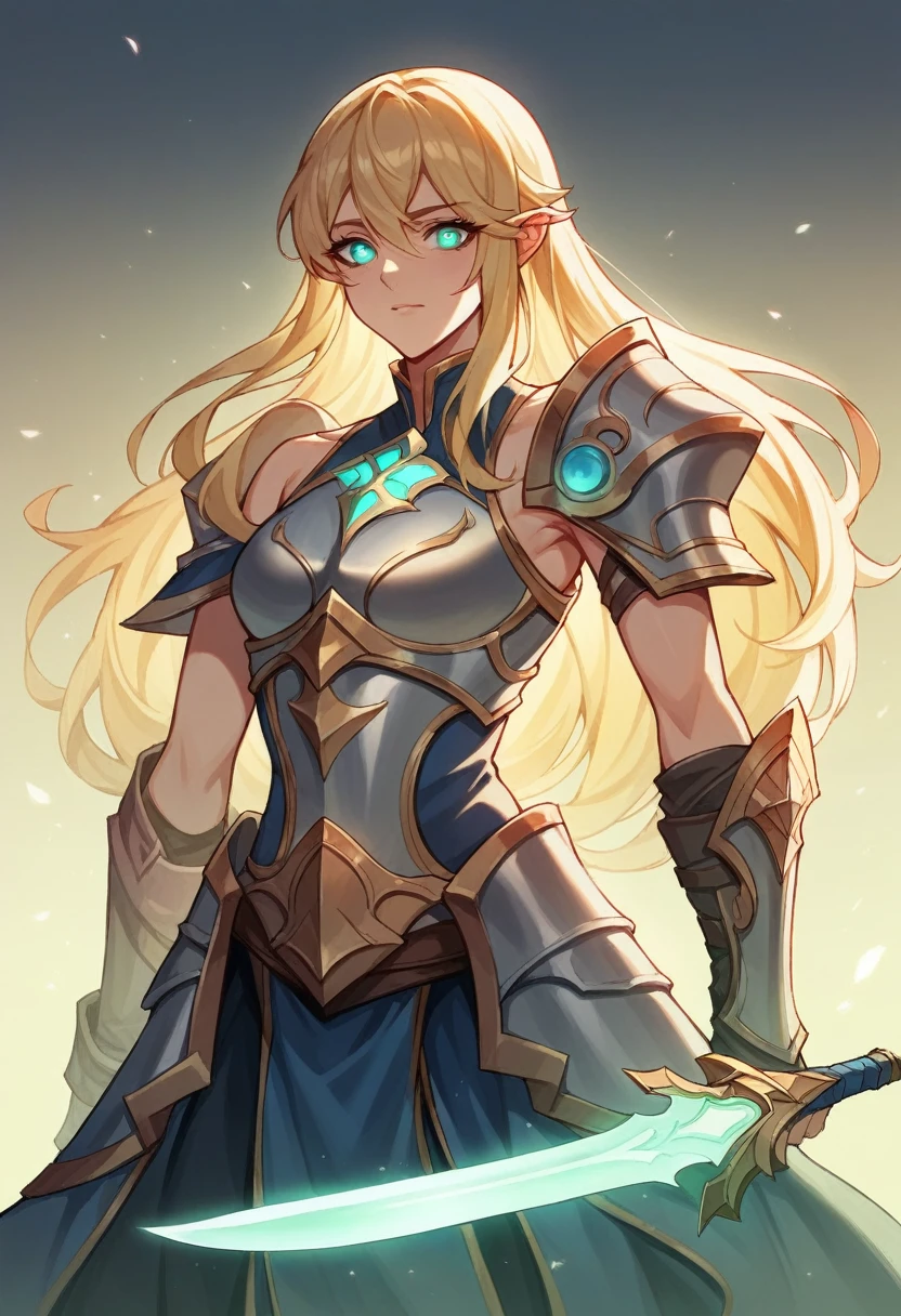 female, paladin, holy sword, cross, yellow magic, female, curves, tight clothes, armor, big breasts, wide hips, yellow eyes, blonde